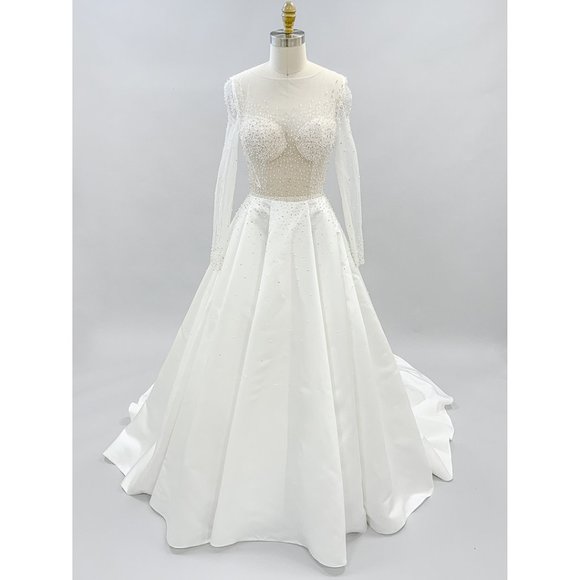 US Bridal Size 4 (EU size 8) - Transparent Illusion Long Sleeve Wedding Dress - Picture 1 of 6